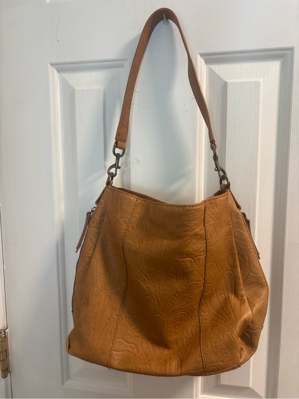 American Leather Co. Cognac Embossed Paisley Leather Hobo Shoulder Bag EUC